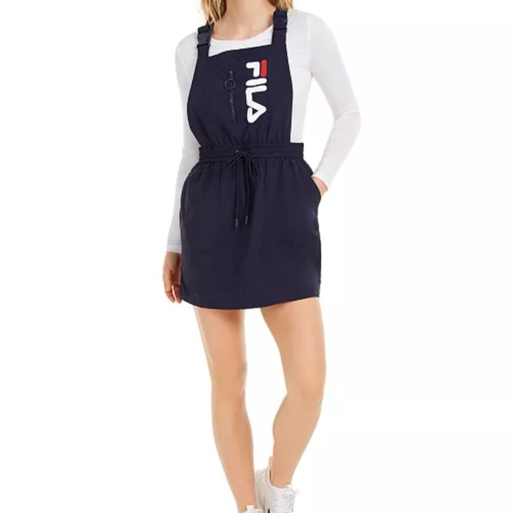 Vintage FILA Y2K Black Logo Suspender Dress | Sport Pinafore Utility Dress XS